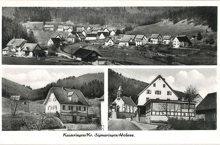 Eine historische Postkarte von Kaiseringen mit Markanten Gebäuden wie der Allerheiligen Kirche und das Gasthaus Adler