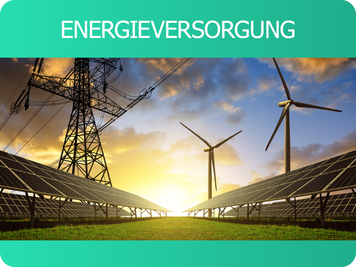 Ein Energiepark mit Windrädern, Solaranlagen und Strommasten
